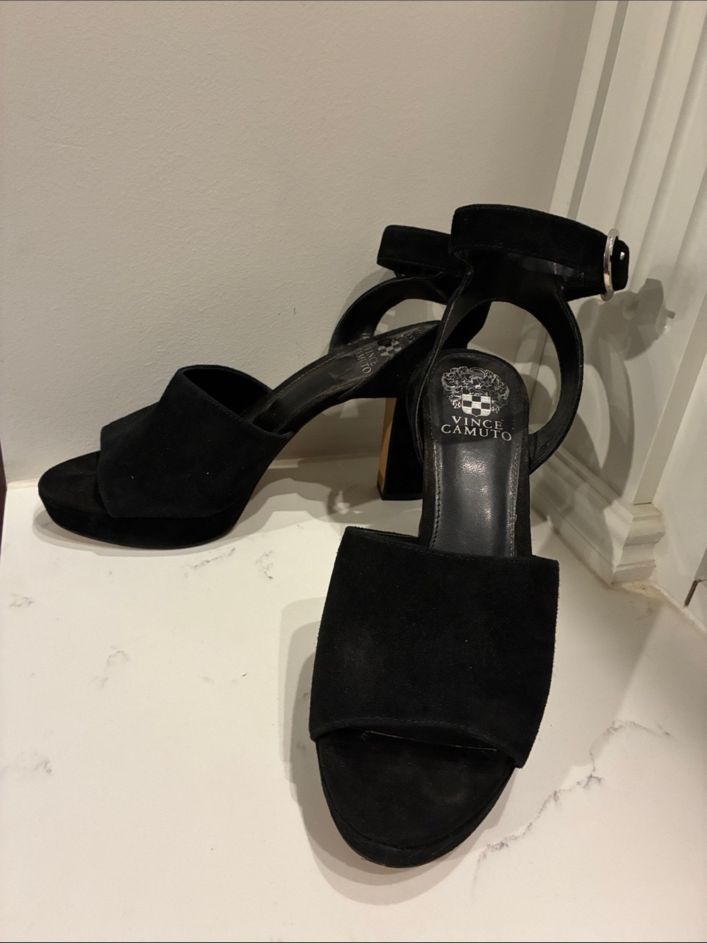 Vince Camuto Black Suede Open-Toe Ankle Strap Block Heels